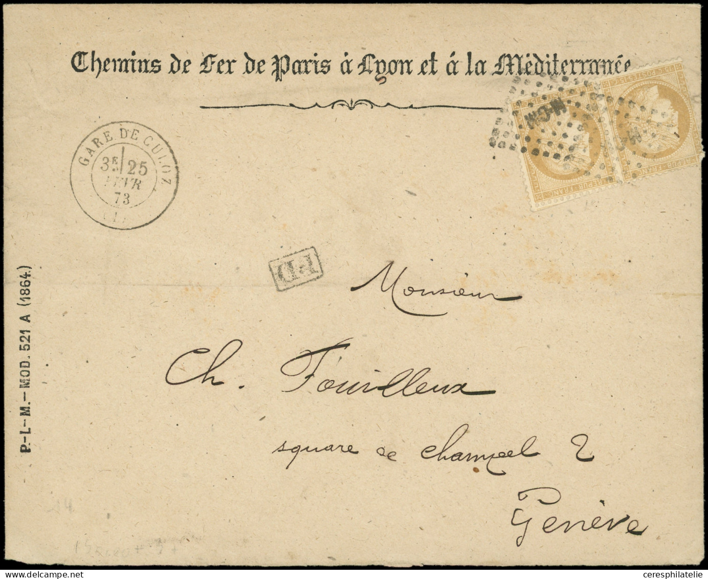Let CERES DENTELE - 59   15c. Bistre, PAIRE Obl. Amb. M-CM S. Env., Càd GARE De CULOZ 25/2/73, Arr. GENEVE AMBULANT 25/2 - 1849-1876: Classic Period