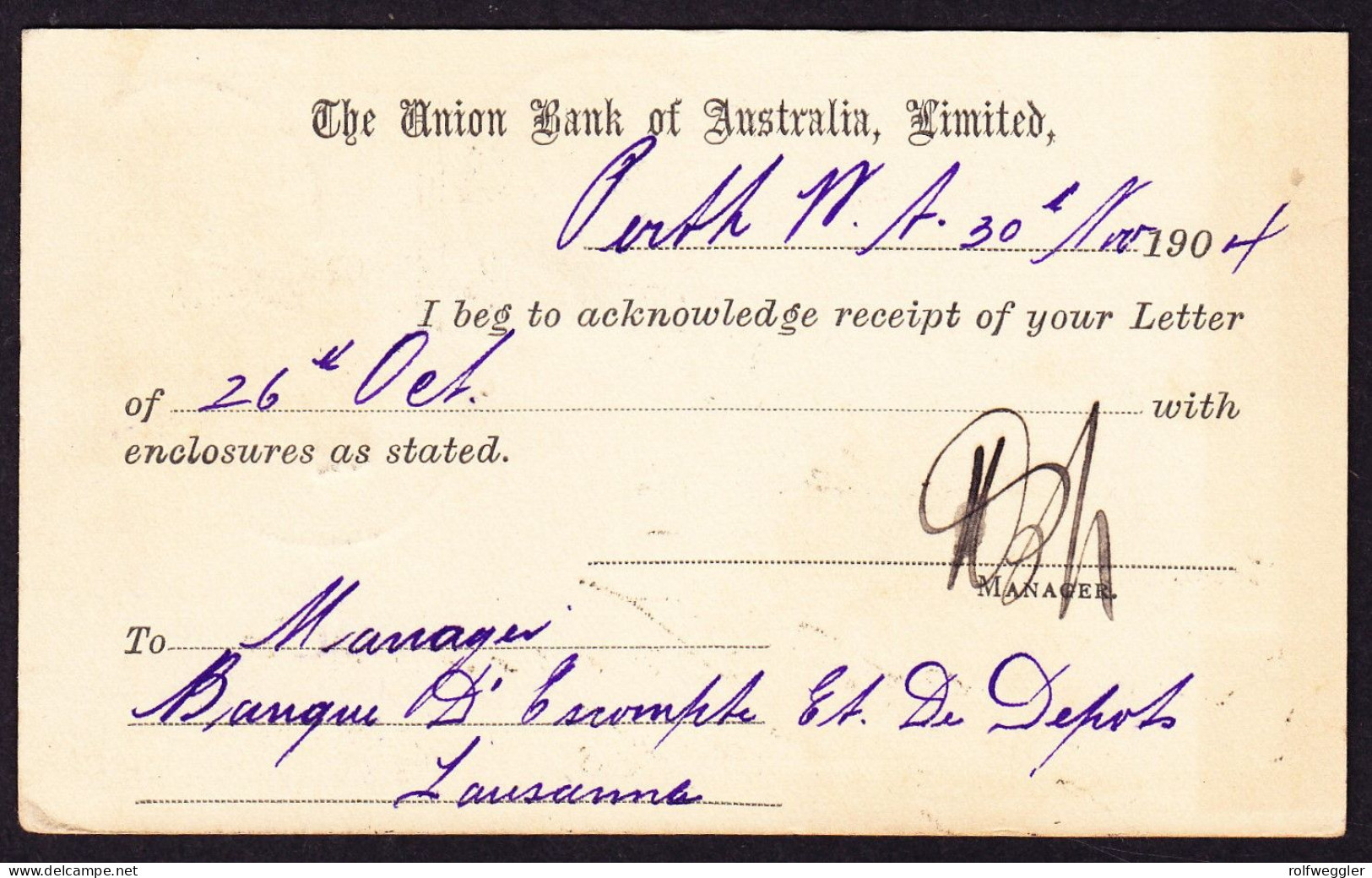 1904 Ganzsachen Karte, Bank Of Australia" Mit Zusatzfrankatur "Schwan". Aus Perth Nach Lausanne - Cartas & Documentos