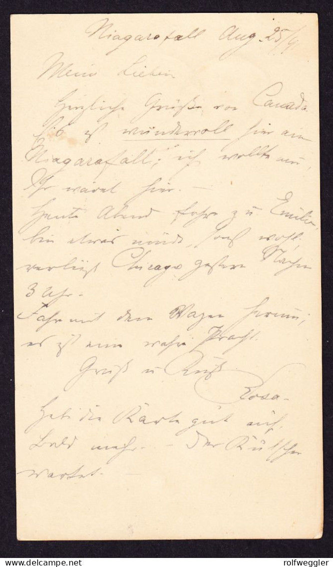 1891 GZ Karte Mit Zusatzfrankatur Aus Niagara über Hamilton Nach Zürich. - Covers & Documents