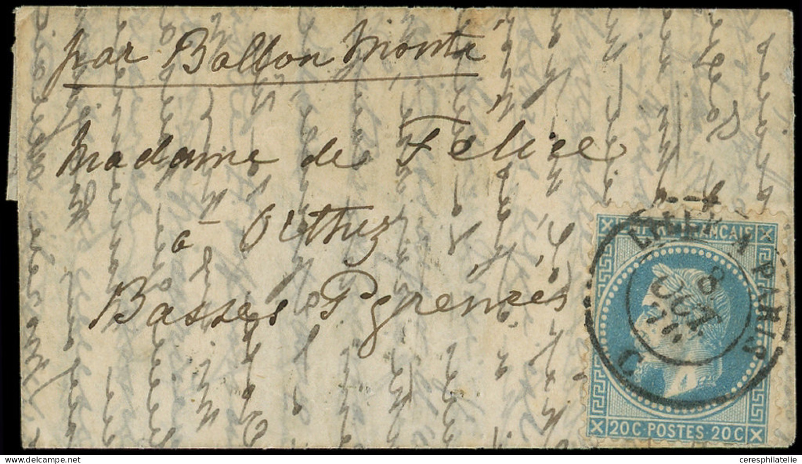 Let BALLONS MONTES - N°29A Obl. Càd Amb. LILLE A PARIS 8/10/70 S. Très Petite LAC, Arr. ORTHEZ 10/10, Superbe, PLI CONFI - War 1870