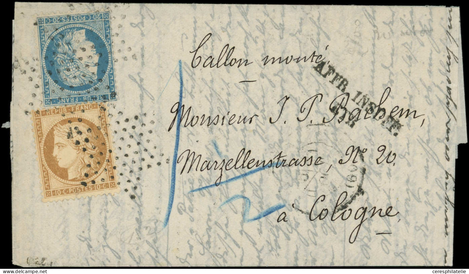 Let BALLONS MONTES - N°36 Et 37 Obl. Etoile S. Agence HAVAS édition ALLEMANDE, Càd Faible PARIS (60) 30/10/70, "affr. In - War 1870