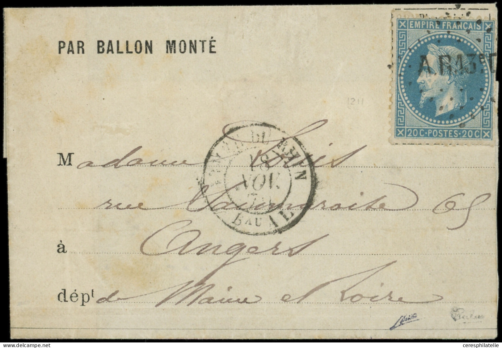 Let BALLONS MONTES - N°29B Obl. Los. A.R.13e.C S. LSC Formule, Càd ARMEE DU RHIN Bau AL 18/11/70, Arr. ANGERS 26/11, TB. - War 1870