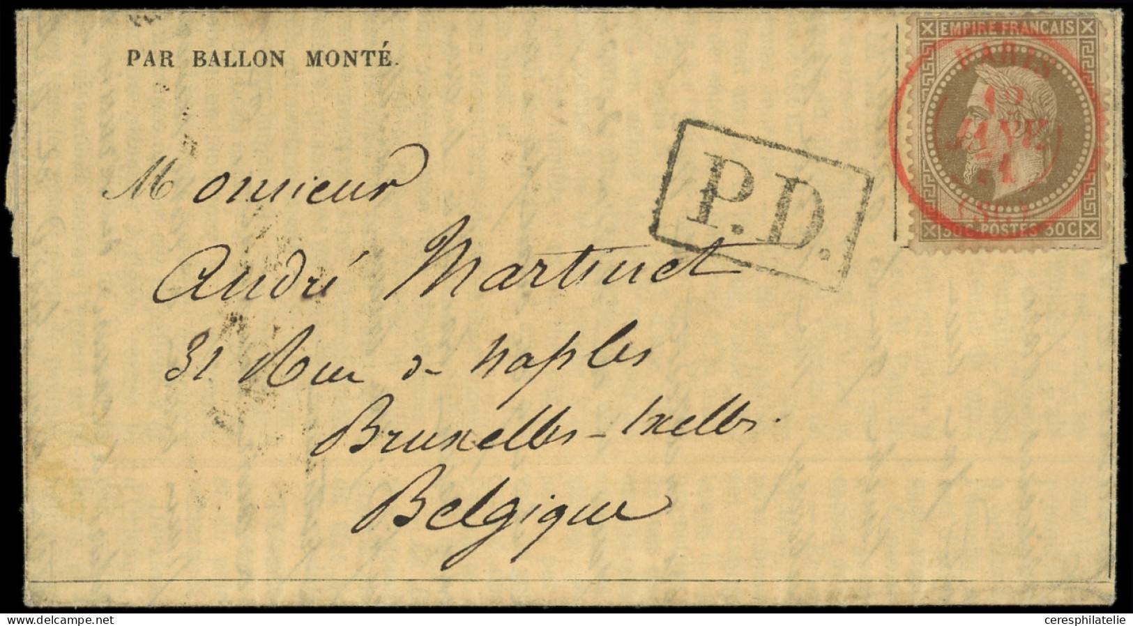 Let BALLONS MONTES - N°30 Obl. Càd Rouge PARIS (SC) 13/1/71 S. Gazette N°26, Grand P.D. Noir Belge Encadré, Arr. BRUXELL - War 1870
