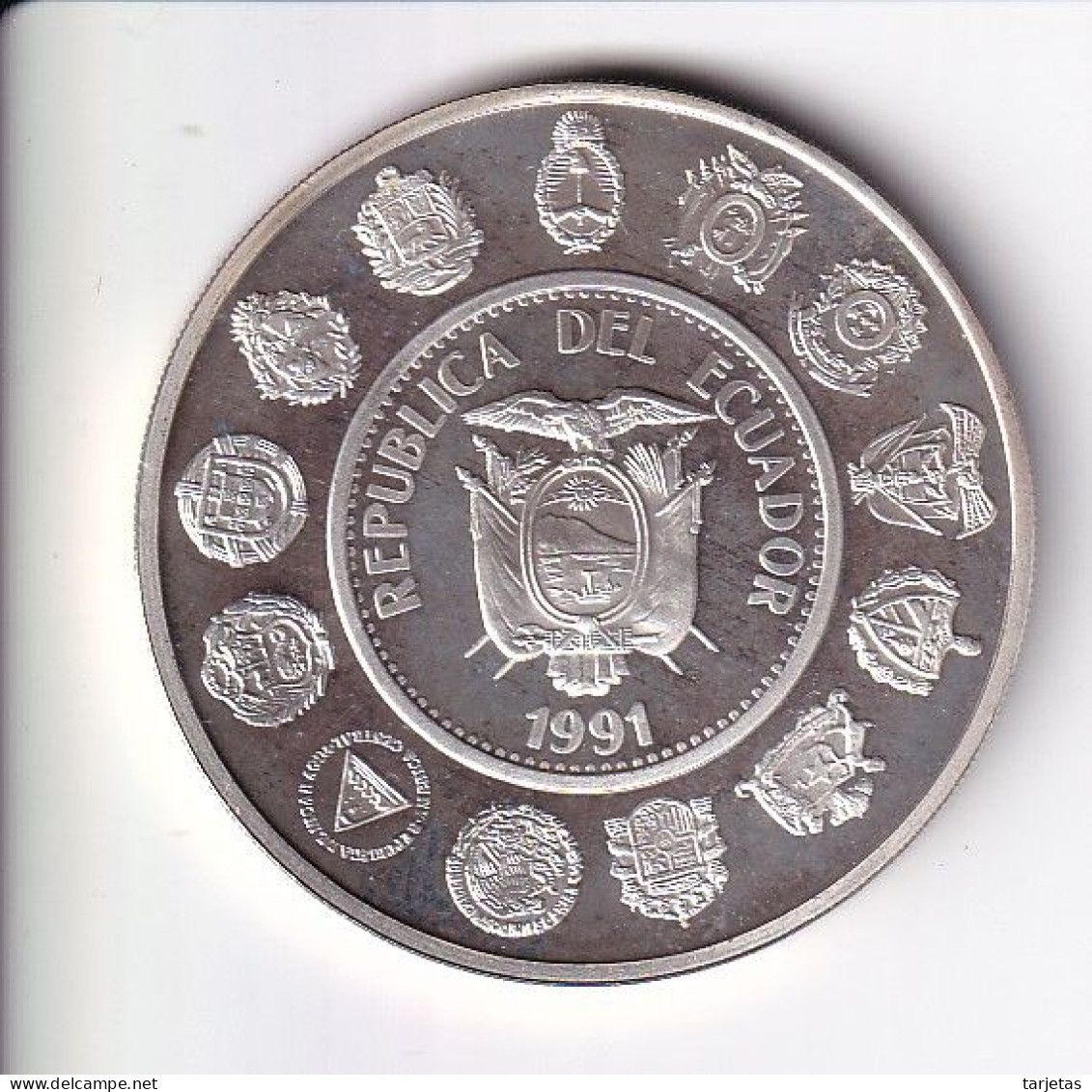 MONEDA PLATA DE ECUADOR DE 5000 SUCRES DEL AÑO 1991 ENCUENTRO ENTRE DOS MUNDOS (COIN)(SILVER-ARGENT) - Ecuador