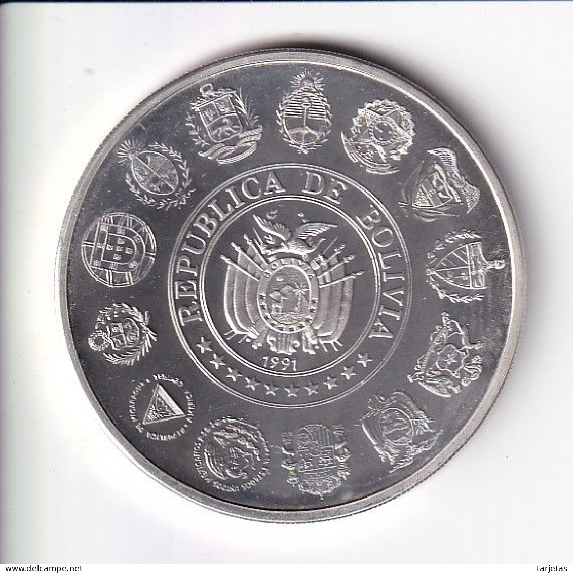 MONEDA PLATA DE BOLIVIA DE 10 BOLIVIANOS DEL AÑO 1991 ENCUENTRO ENTRE DOS MUNDOS (COIN)(SILVER-ARGENT) - Bolivia