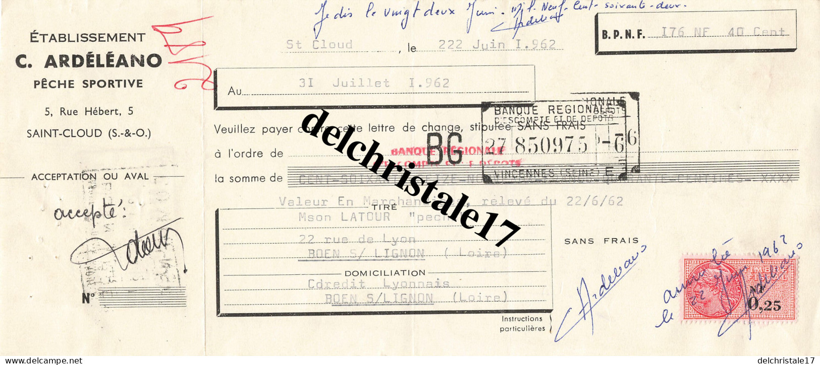 92 0042 SAINT-CLOUD SEINE 1962 Pêche Sportive Éts C. ARDÉLÉANO Rue Hébert à M. LATOUR - Pesca