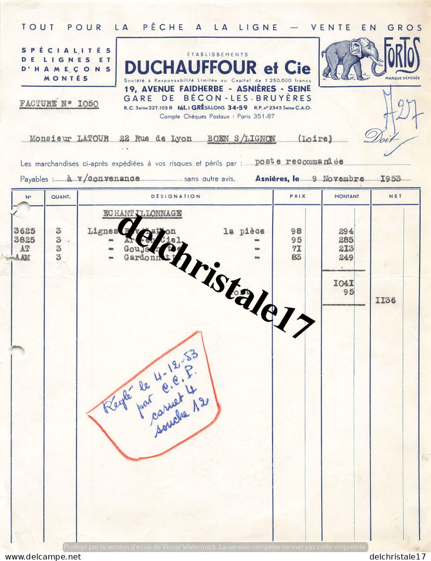 92 0044 ASNIÈRES SEINE 1953 Tout Pour La Pêche Lignes & Hameçons Éts DUCHAUFFOUR & Cie Av. Faidherbe  à M. LATOUR - Pesca