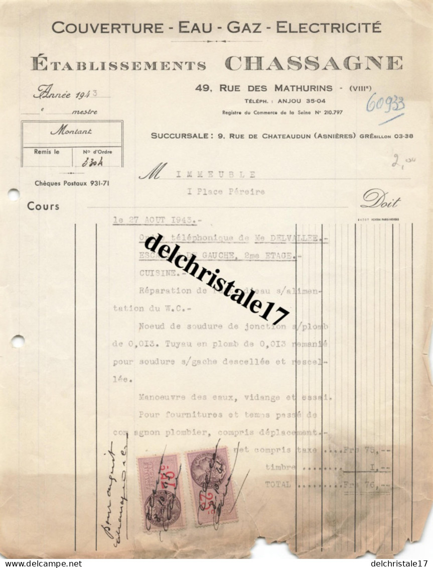 92 0001 ASNIÈRES SEINE 1943 - Couverture Eau Gaz Électricité Éts CHASSAGNE Rue Des Mathurins à M. DEVALLÉE - Electricité & Gaz