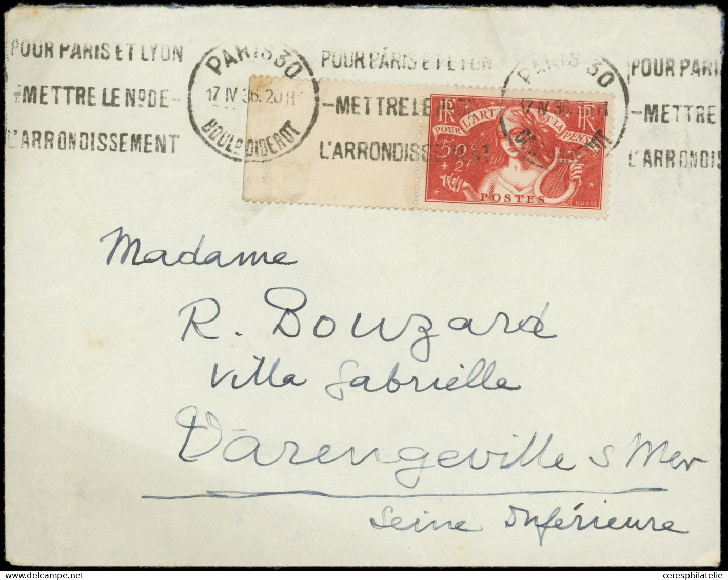 Let LETTRES DU XXe SIECLE - N°308 Bdf Obl. Méc. PARIS 30 17/4/36 S. Env., TB - Storia Postale