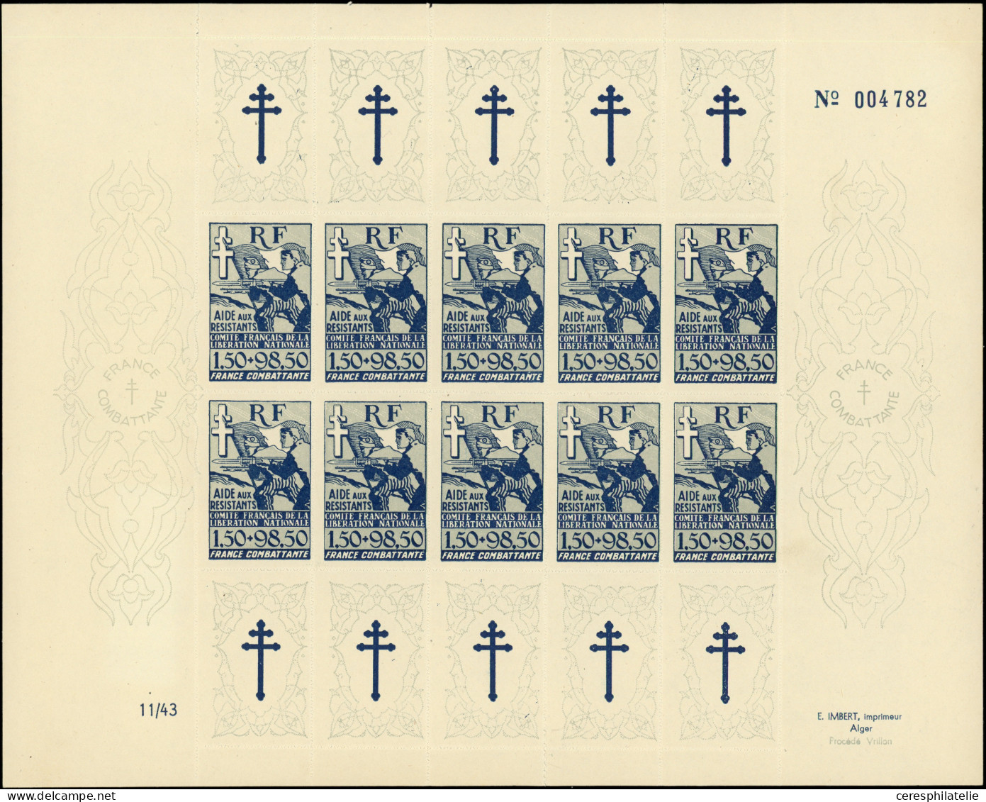 ** France Libre F6 : 1f50 + 98f50 Bleu Foncé Et Gris, FEUILLE De 10, TB - Other & Unclassified