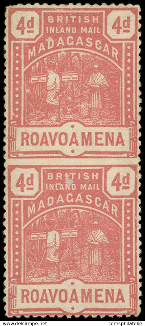 ** MADAGASCAR Courrier Consulaire Britannique 56b : 4d. Rose, PAIRE Verticale NON DENTELEE Au Milieu, TB - Other & Unclassified