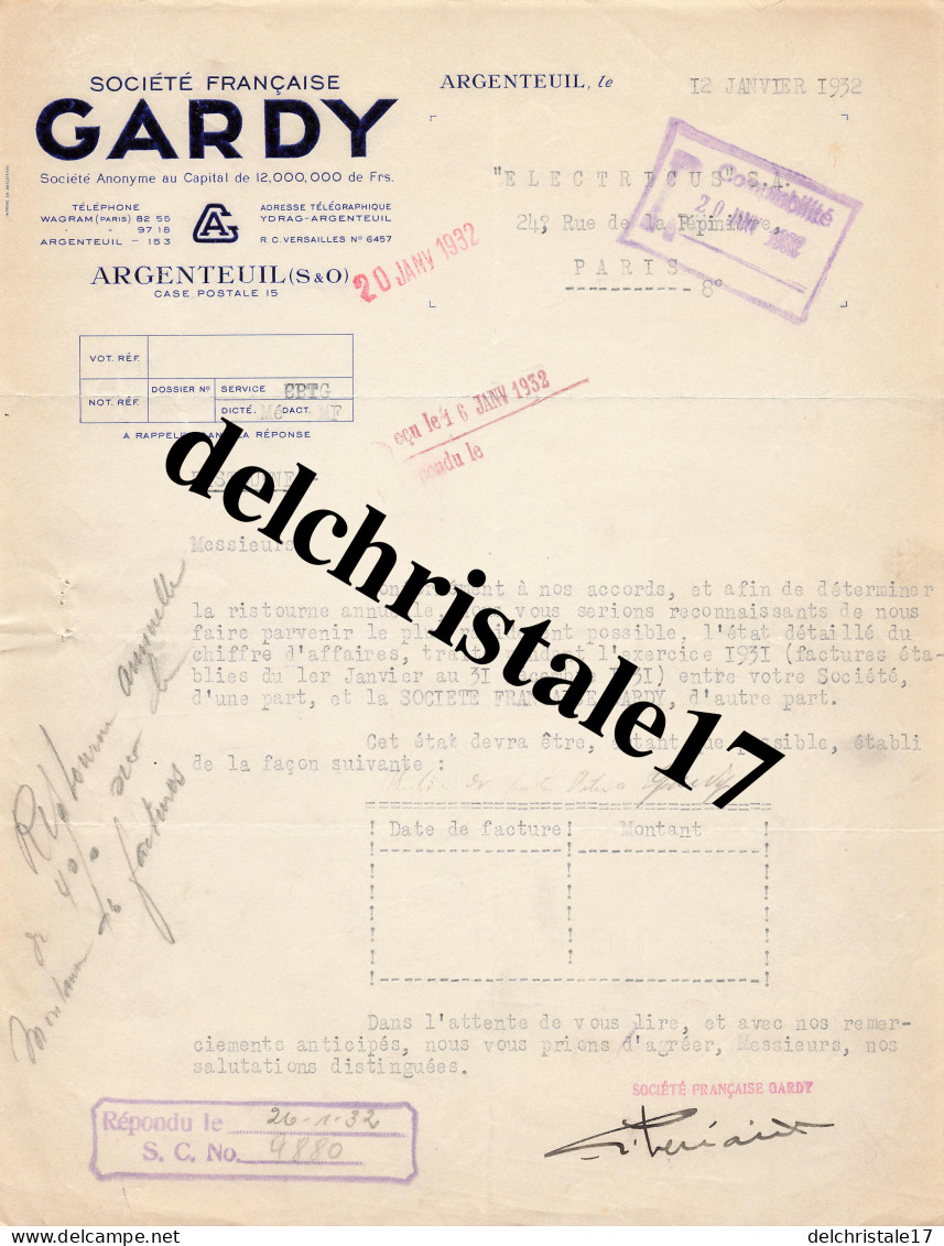 95 0001 ARGENTEUIL SEINE ET OISE 1932 Sté Française GARDY ( Accessoires Électricité Marque PHENIX ) Dest. SA ELECTRICUS - Electricity & Gas