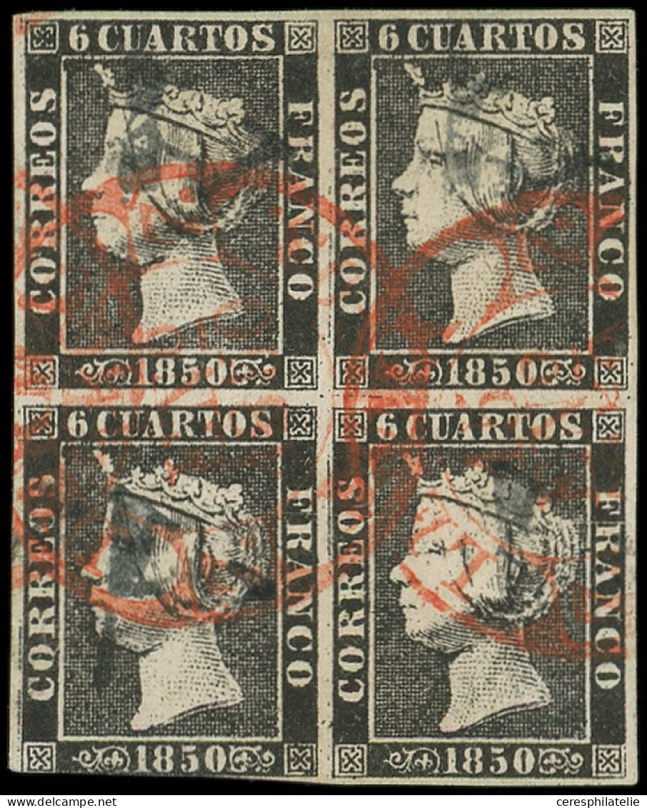 ESPAGNE 1 : 6c. Noir, BLOC De 4 Obl. De La Marque Préphilatélique A De La Ville De BURGOS, 4 Blocs Connus, TB - Usados