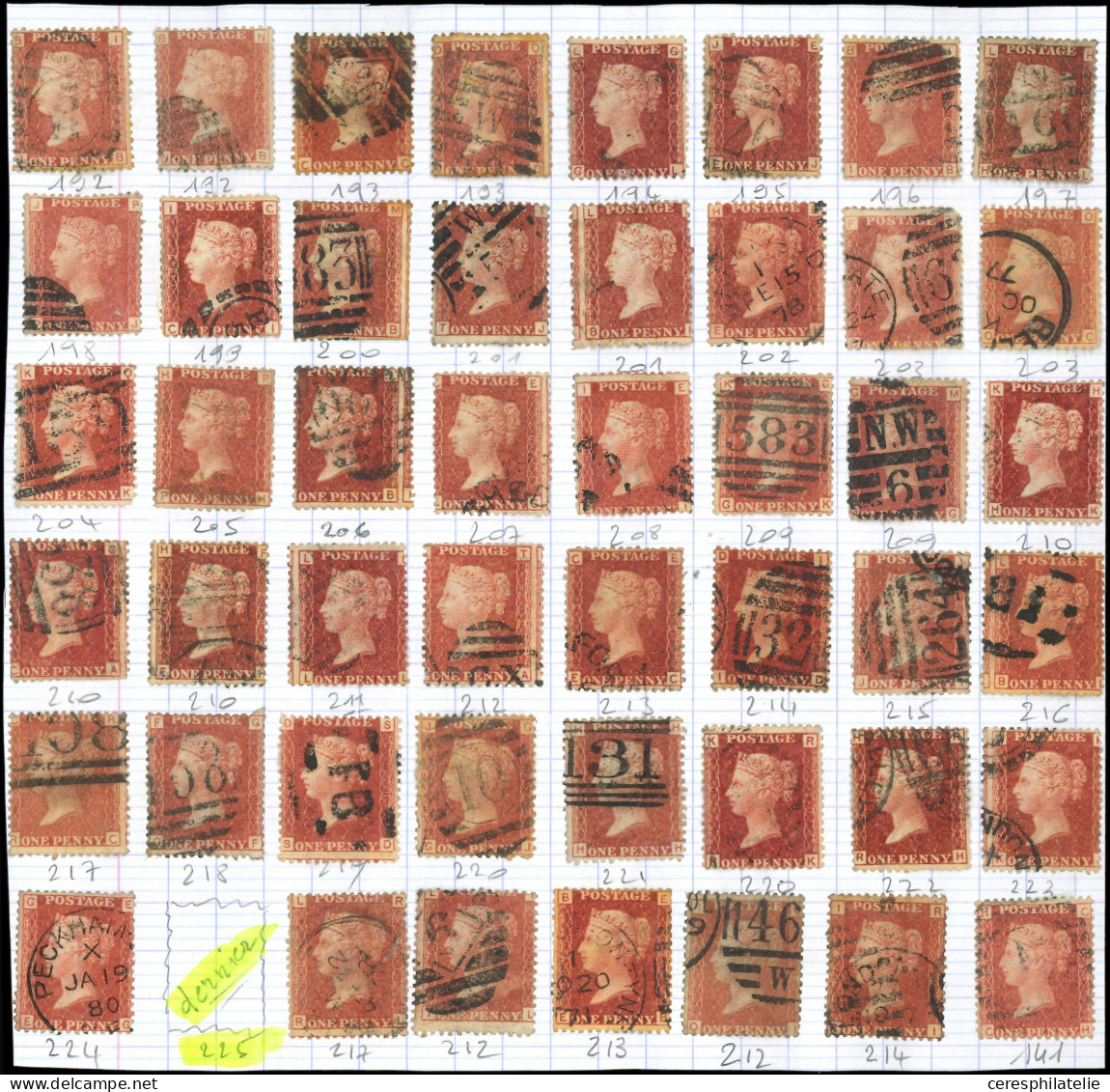 GRANDE BRETAGNE 26 : 1p. Rouge Carminé, 233 Ex. Obl., N° De Planches Divers, TB - Used Stamps