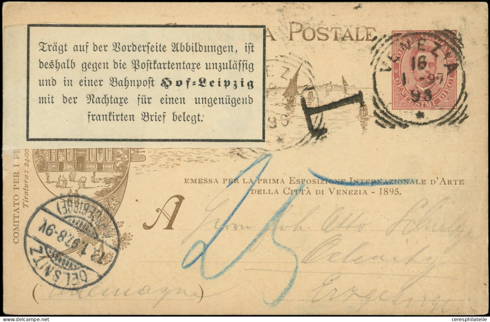 Let ITALIE 34 : CP Entier 10c. Carmin Obl. VENEZIA 16/1/97, Arr. OELNITZ, Repiquage Au Recto Non Conforme Et Donc TAXATI - Poststempel