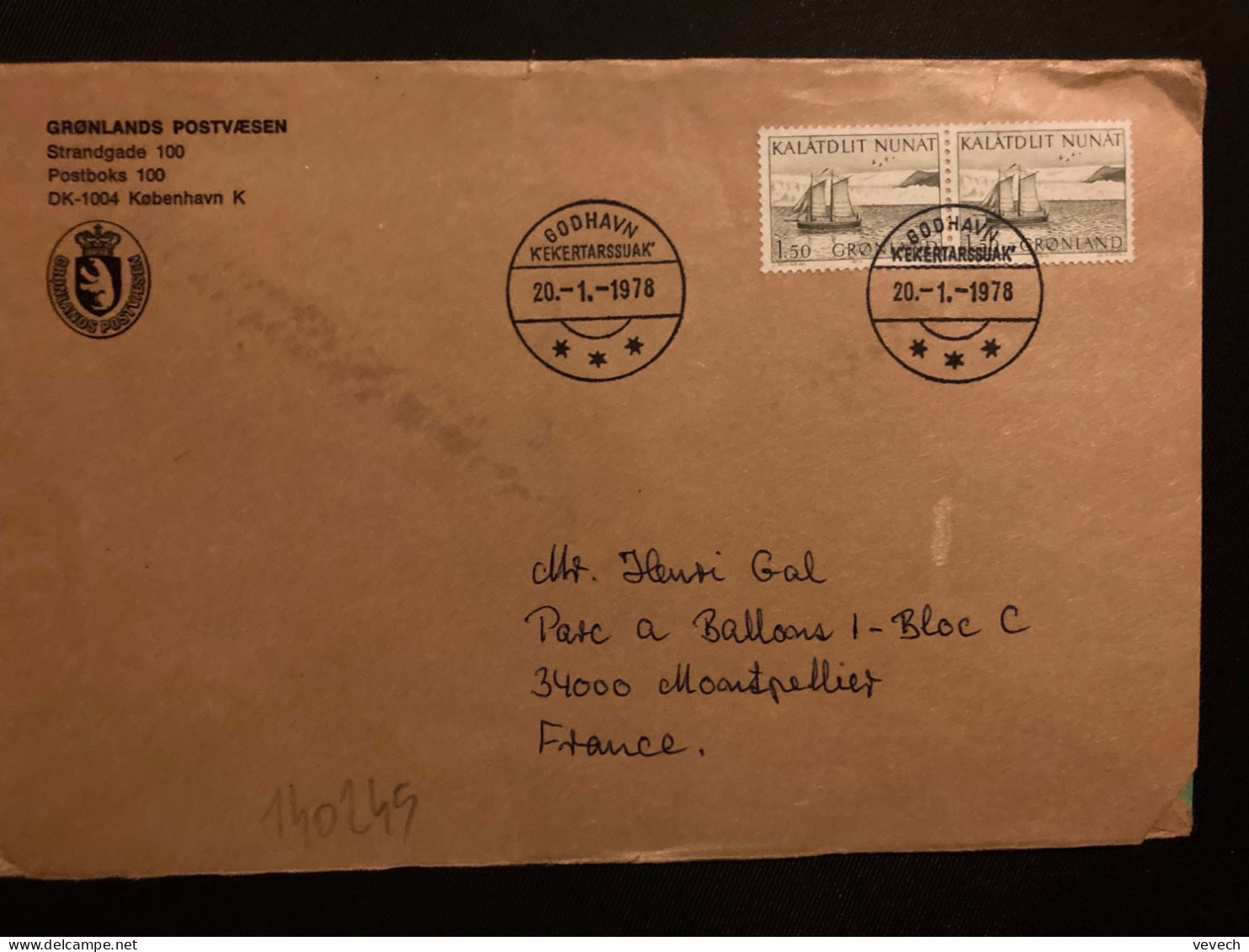 LETTRE Pour La FRANCE TP BATEAU VOILIER 1?50 Paire OBL.20-1 1978 GODHAVN + ETIQUETTE DE DOUANE - Covers & Documents