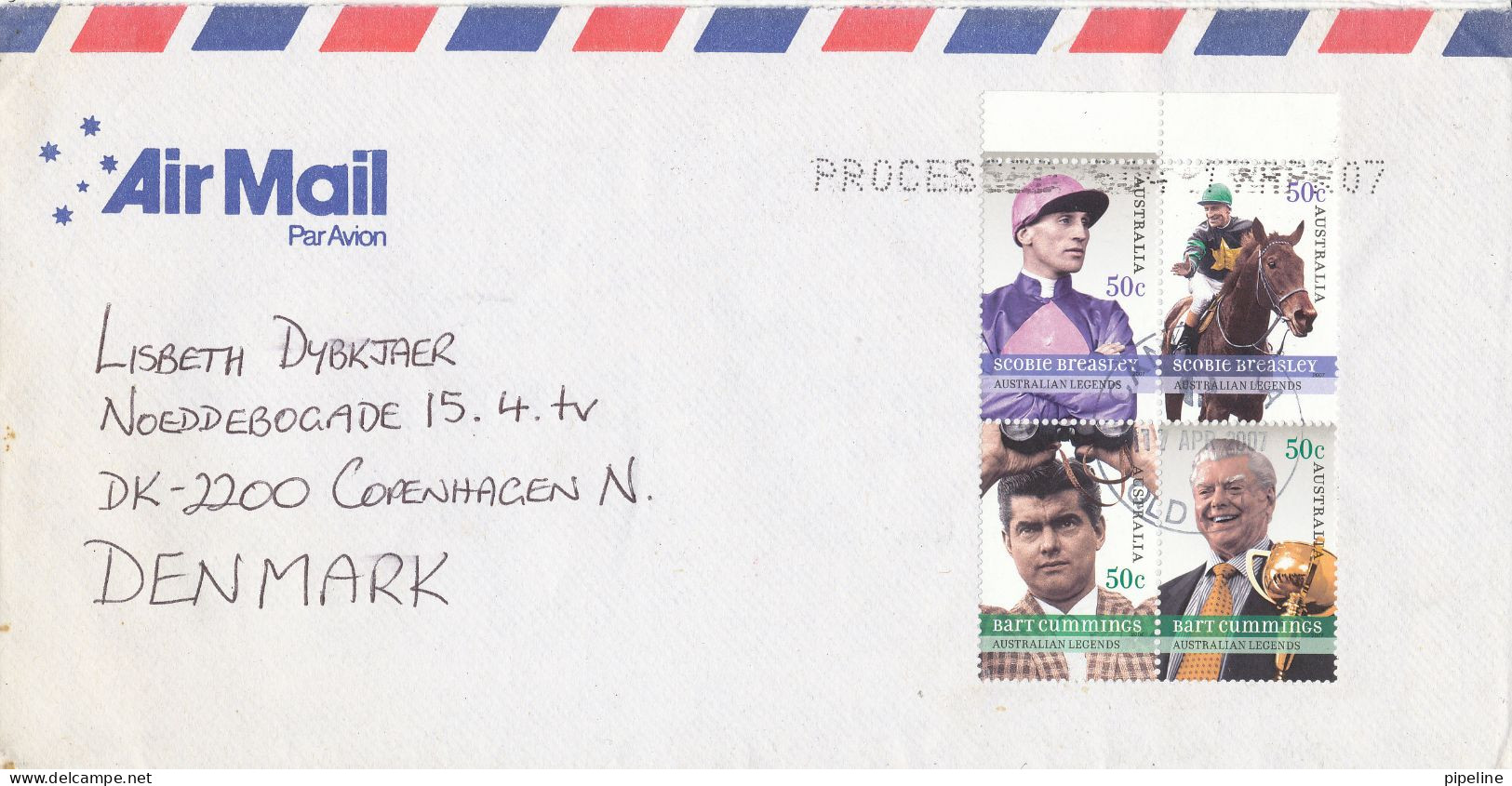 Australia Air Mail Cover Sent To Denmark 17-4-2007 With A Block Of 4 Australian Legends - Covers & Documents
