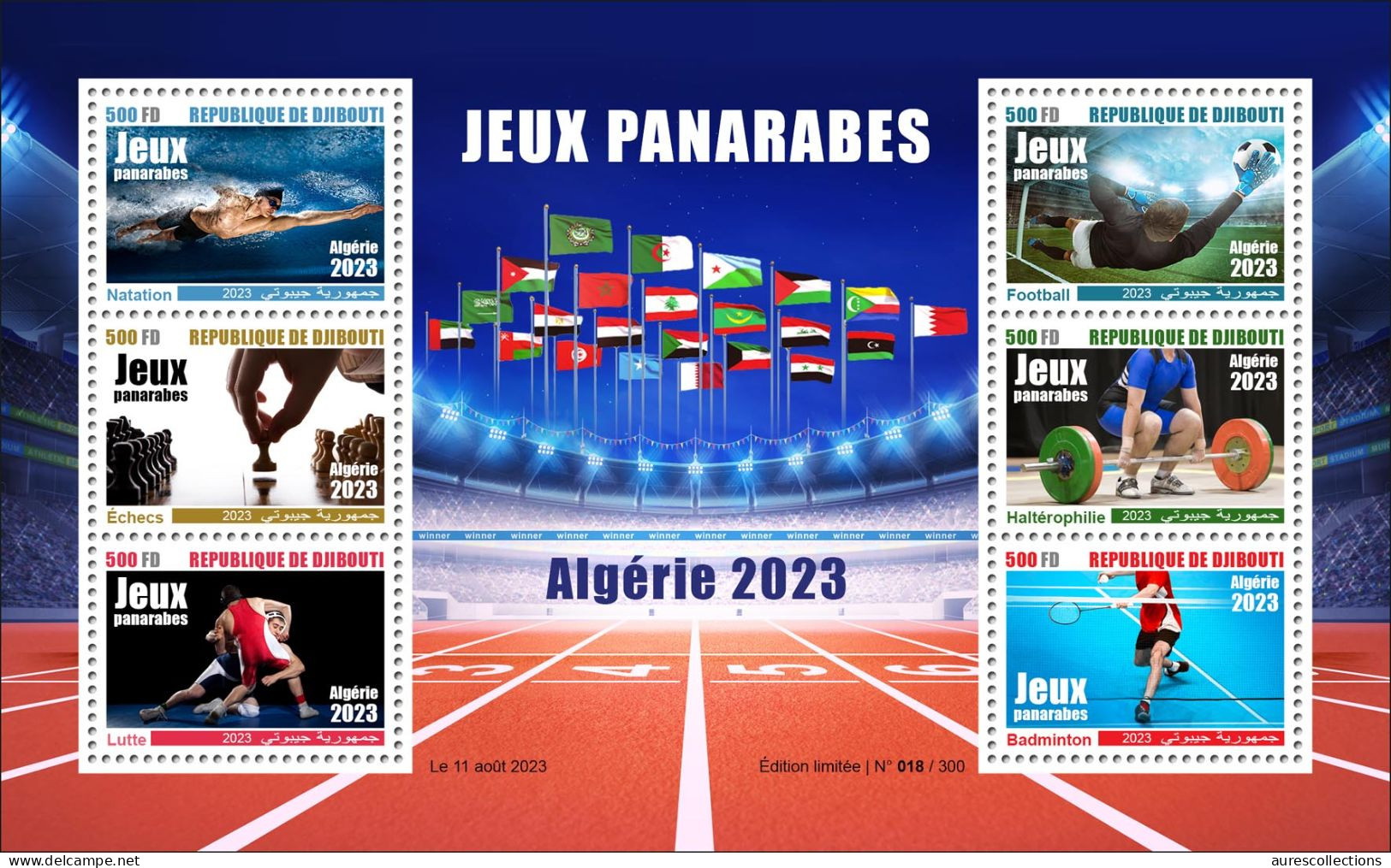 DJIBOUTI 2023 M/S 6V PANARAB GAMES JEUX PANARABES - FOOTBALL WEIGHTLIFTING BADMINTON SWIMMING WRESTLING CHESS ECHECS MNH - Haltérophilie