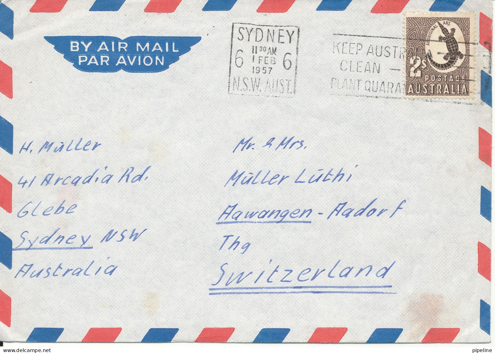 Australia Air Mail Cover Sent To Switzerland Sydney 1-2-1957 - Lettres & Documents