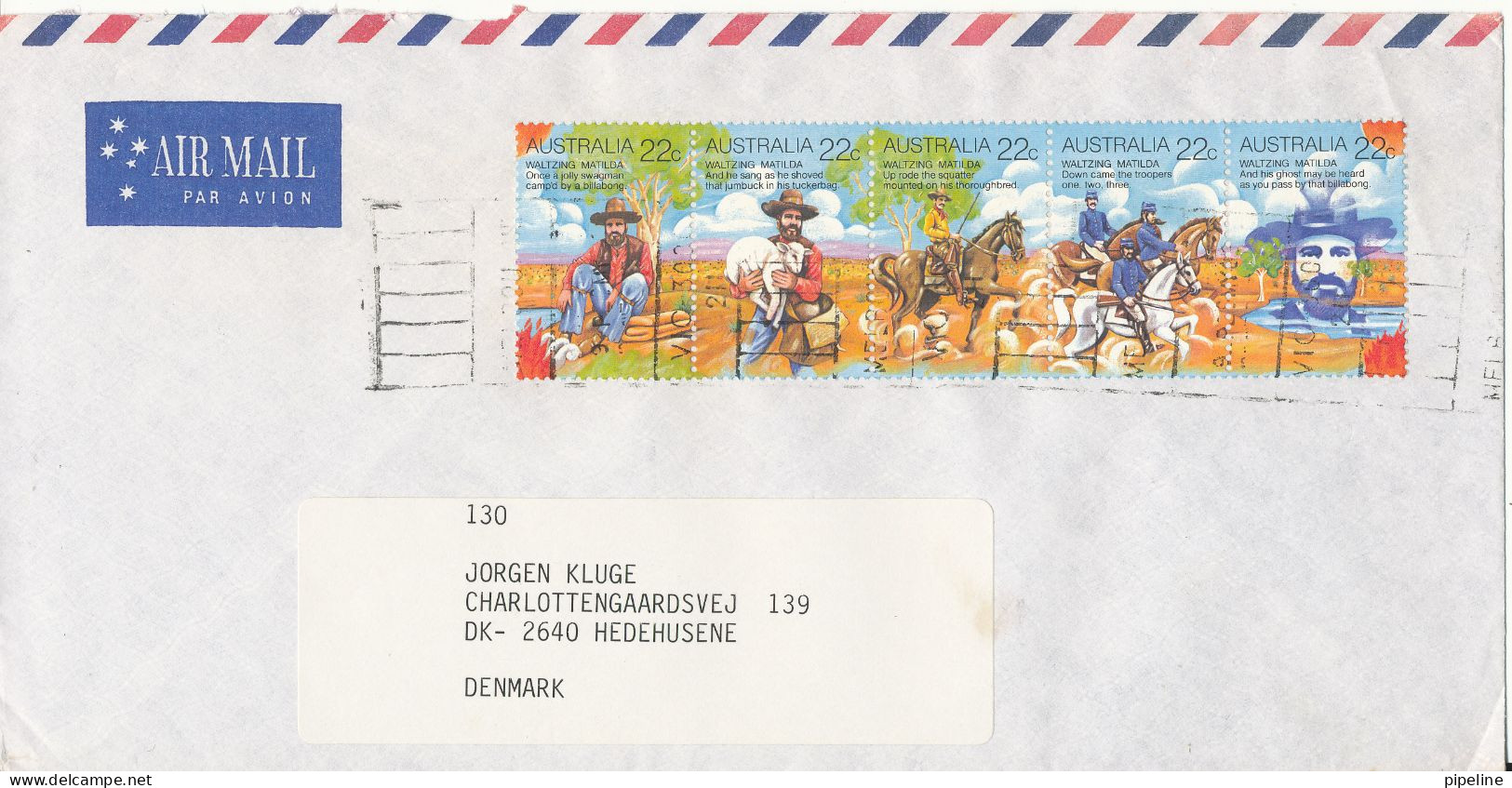 Australia Air Mail Cover Sent To Denmark 5 Strip Waltzing Matilda - Briefe U. Dokumente