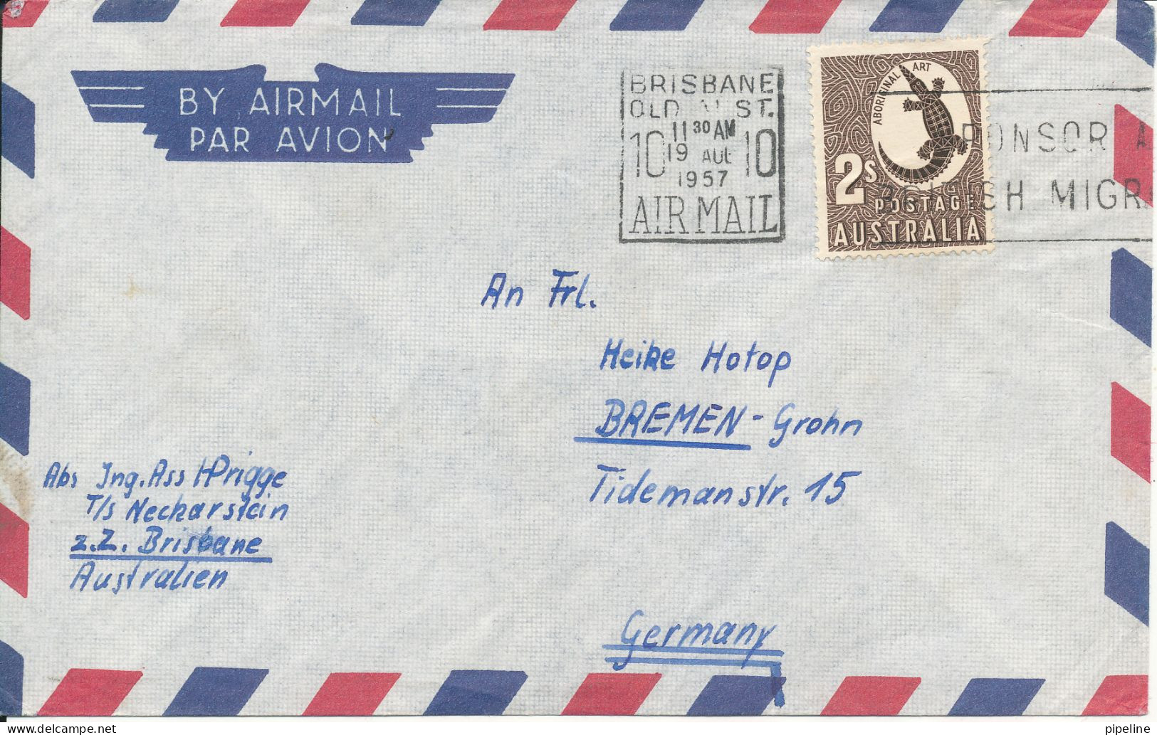 Australia Air Mail Cover Sent To Germany 9-10-1957 Single Franked - Lettres & Documents