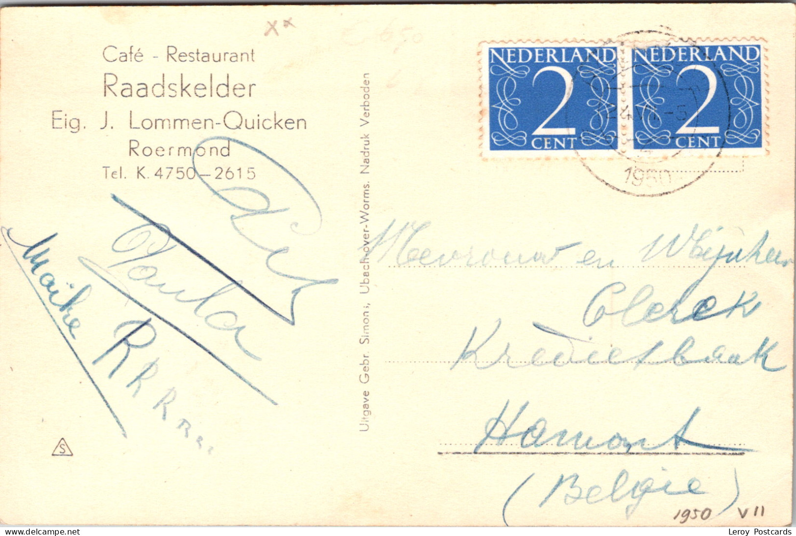 #3677 - Roermond, Café-Restaurant Raadskelder 1950 (LB) - Roermond