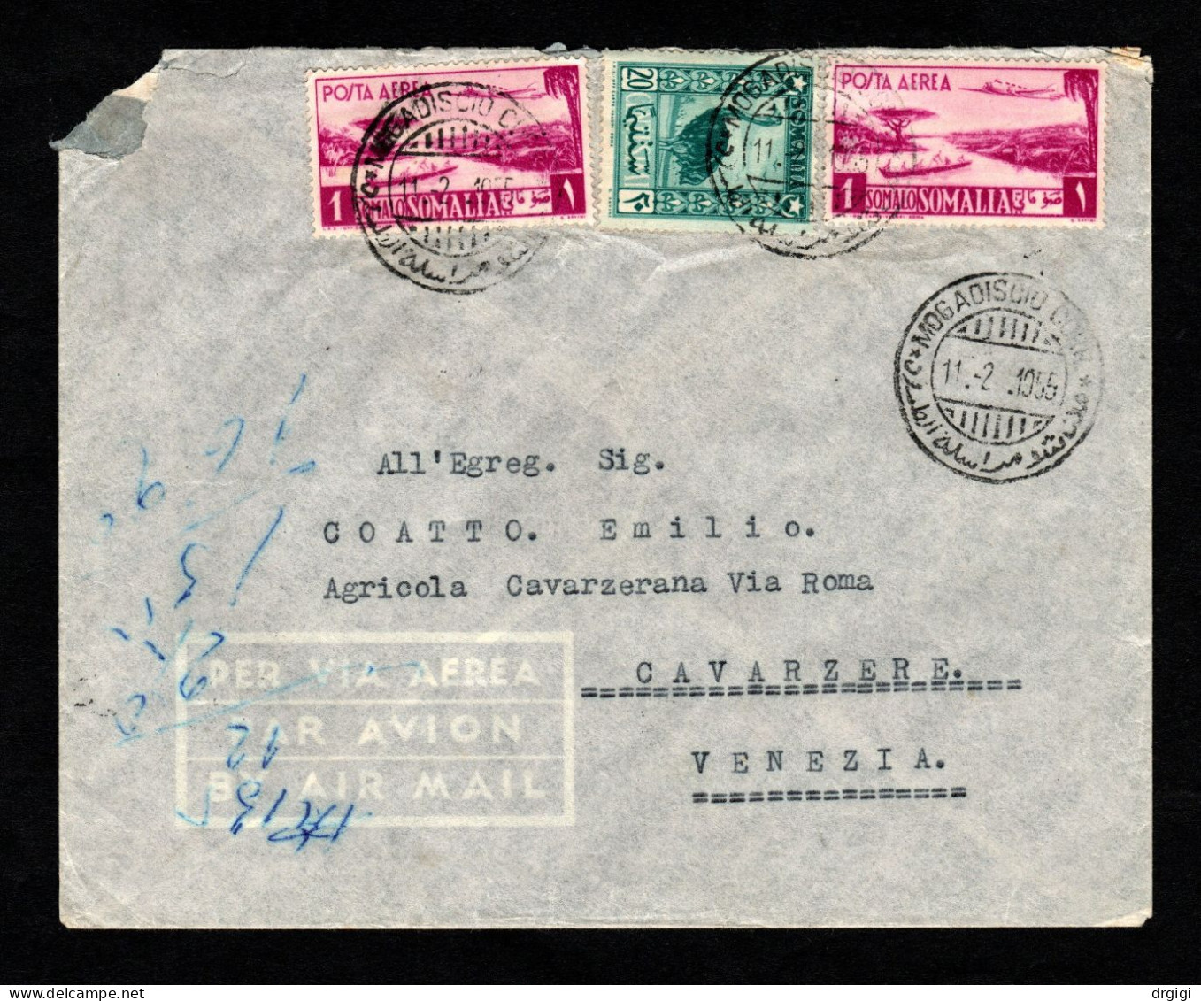 Somalia AFIS, POSTA VIAGGIATA 1955, MOGADISCIO PER CAVARZERE (VE) - Somalia (AFIS)