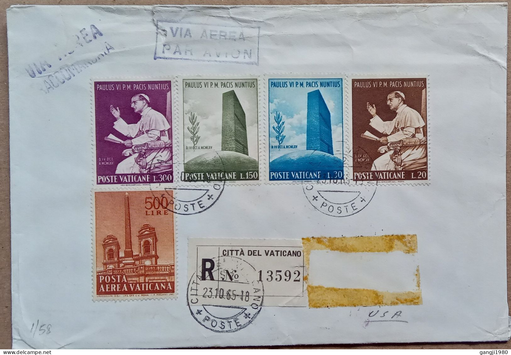 VATICAN 1965, REGISTER COVER, USED TO USA, 6 MULTI STAMP, POPE PAUL, BUILDING, HERITAGE, ARCHITECTURE, BROOKLIN CITY CAN - Sonstige & Ohne Zuordnung