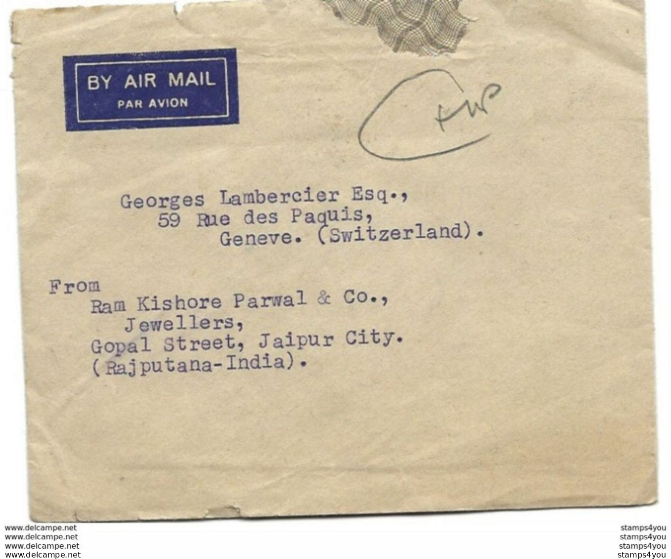 239 - 77 - Enveloppe Envoyée De Jaipur City En Suisse 1947 - Cartas & Documentos