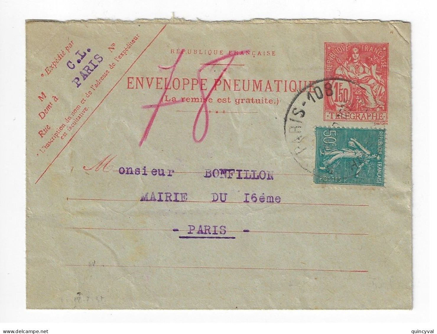 PARIS 10 Enveloppe Entier Postal 1,50 F Avec Correspondance Complément 50c SemeuseYv 2778 362 Ob 1939 - Neumáticos