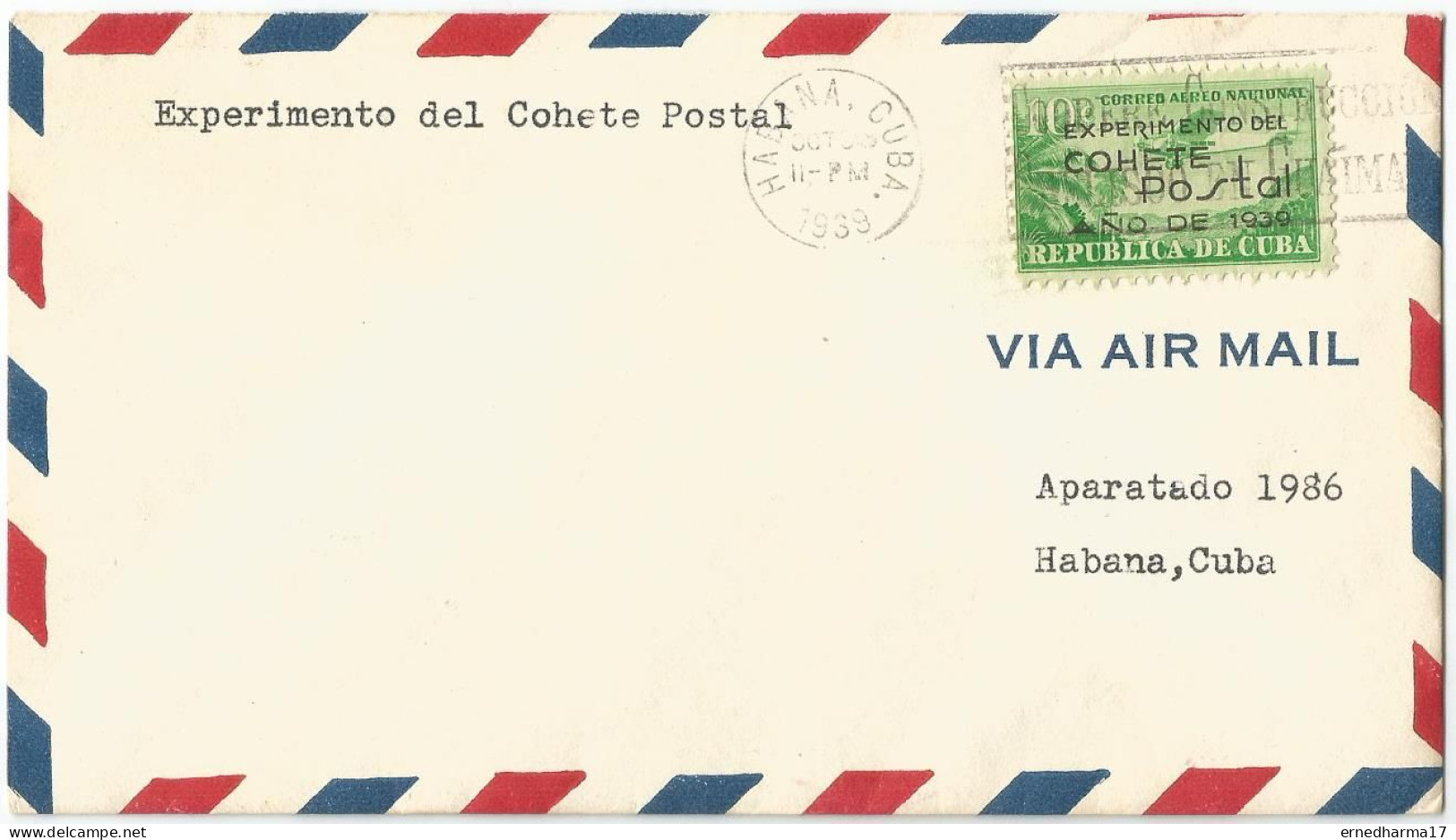 Cuba 1939. Cover With First Experimental Rocket Flight Stamp. Cover Con Sello Primer Experimento Del Cohete Postal. - Oblitérés