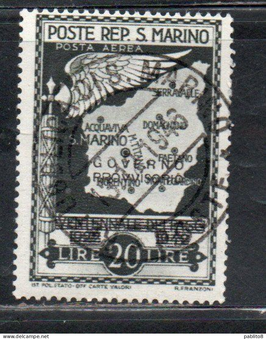 REPUBBLICA DI SAN MARINO 1943 GOVERNO PROVVISORIO POSTA AEREA AIR MAIL LIRE 20 USATO USED OBLITERE' - Used Stamps