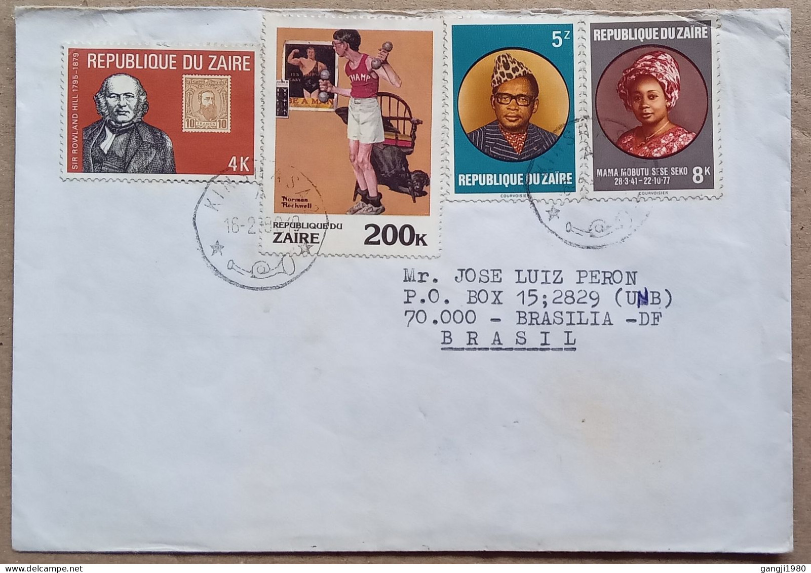 ZAIRE 1980, COVER USED TO BRAZIL, 6 STAMP, ROWLAND HILL, STAMP ON STAMP, PRESIDENT MOBUTU, MAMA MOBUTU, EXERCISING, KINA - Cartas & Documentos