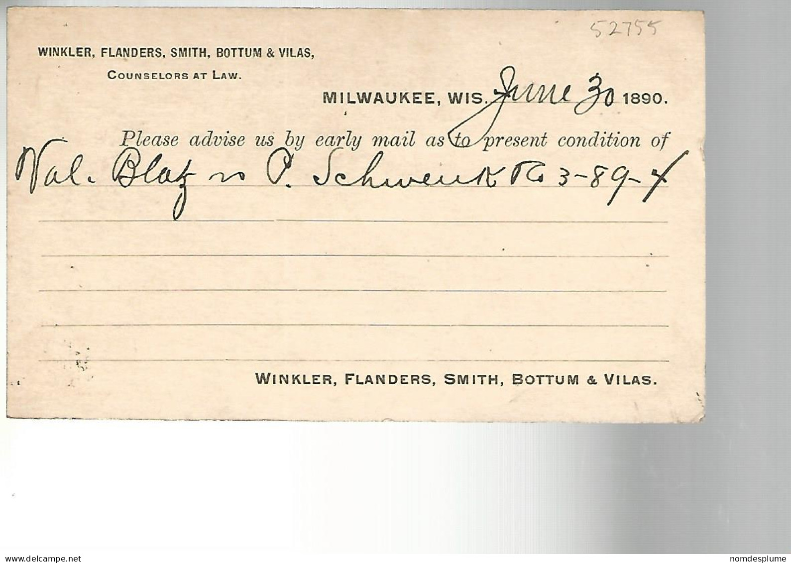 52755 ) USA Milwaukee 1890 Stationery Postal Card - Milwaukee