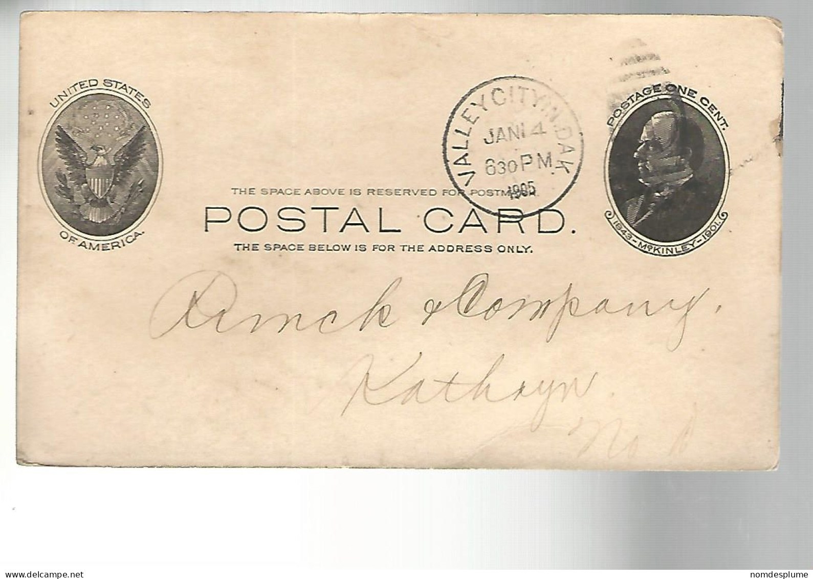 52757 ) USA Valley City Postmark 1905 Stationery Postal Card  - Other & Unclassified