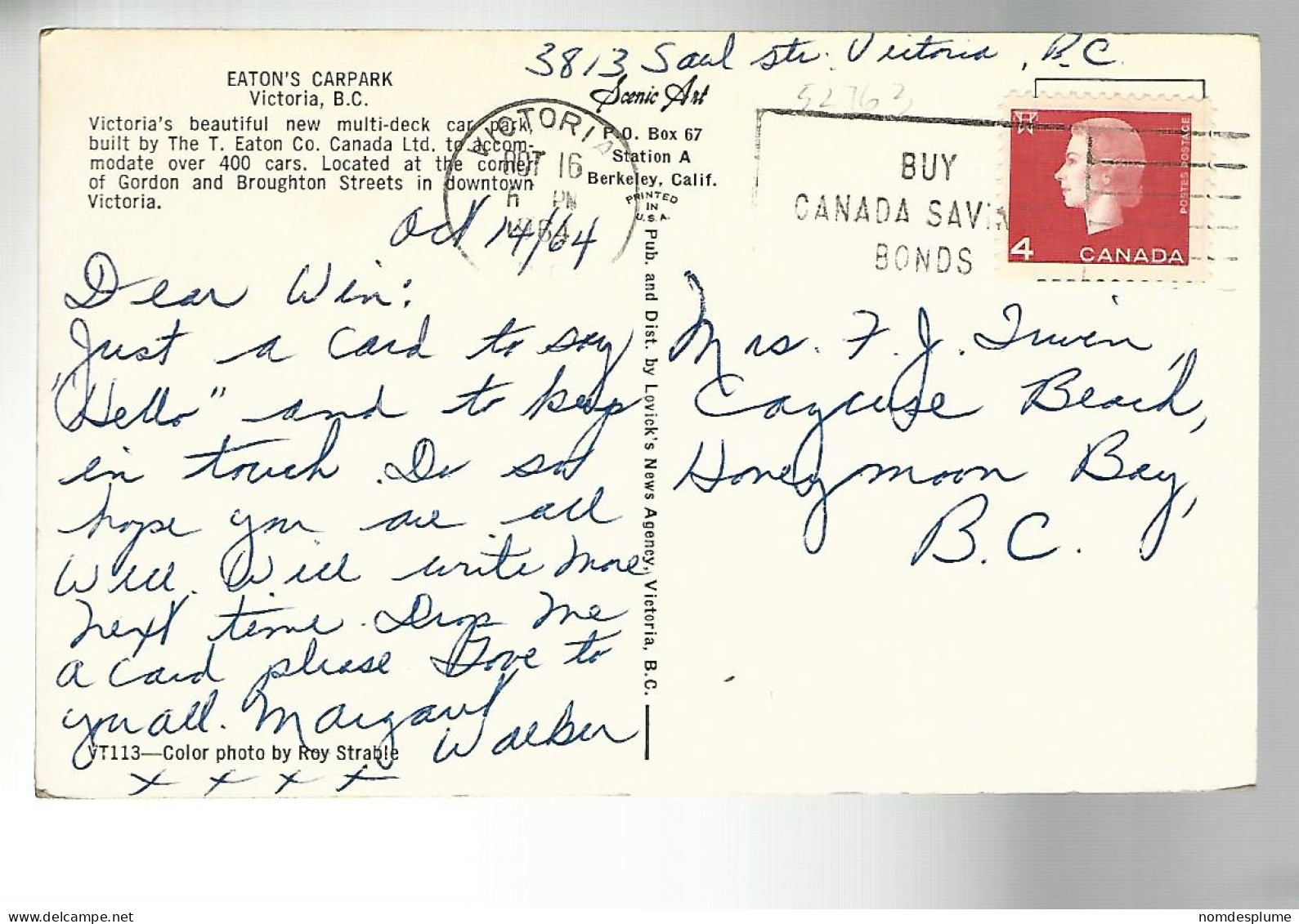 52763 ) Canada Victoria Postmark 1964 Eaton's Carpark - Victoria