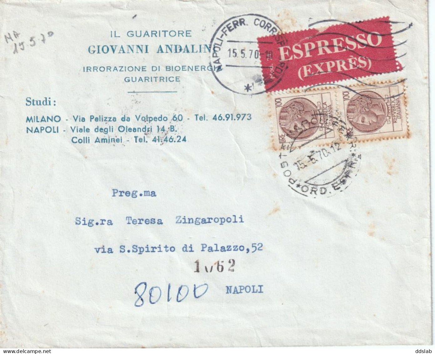 15/5/1970 - Espresso Da Napoli Per La Città - Guaritore Giovanni Andalini - Affr. 2 X 100L Siracusana Fluorescente - Correo Urgente/neumático