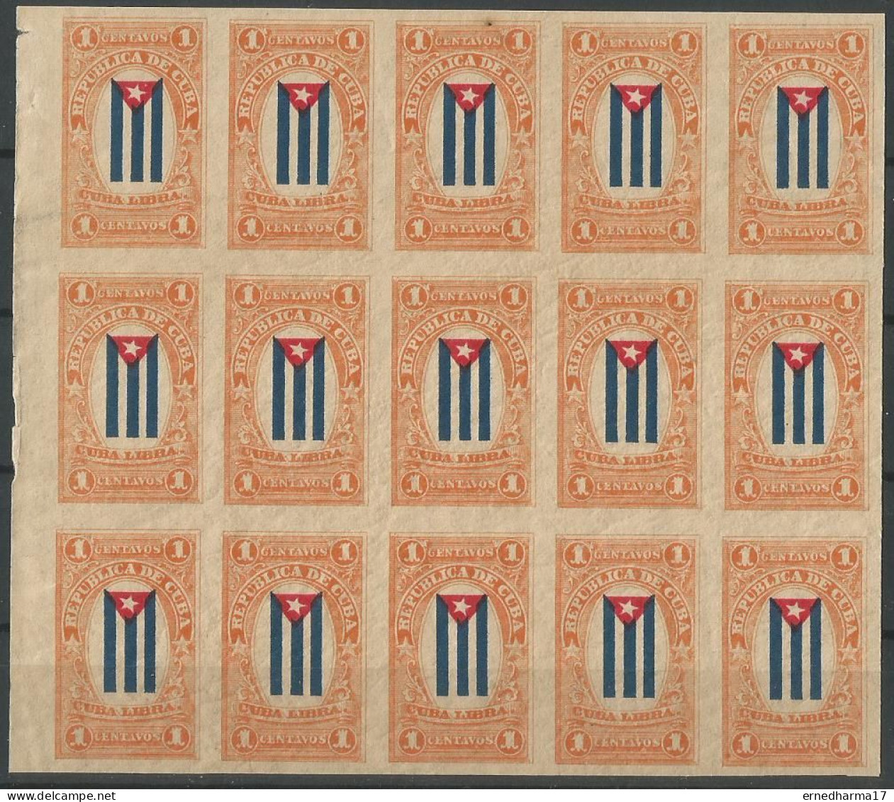 Cuba 1896. CUBA LIBRA. MNH BLOCK OF 15 IMPERFORATED STAMPS. CORREO MAMBÍ. REBEL STAMPS. ERROR. VERY SCARCE. - Imperforates, Proofs & Errors