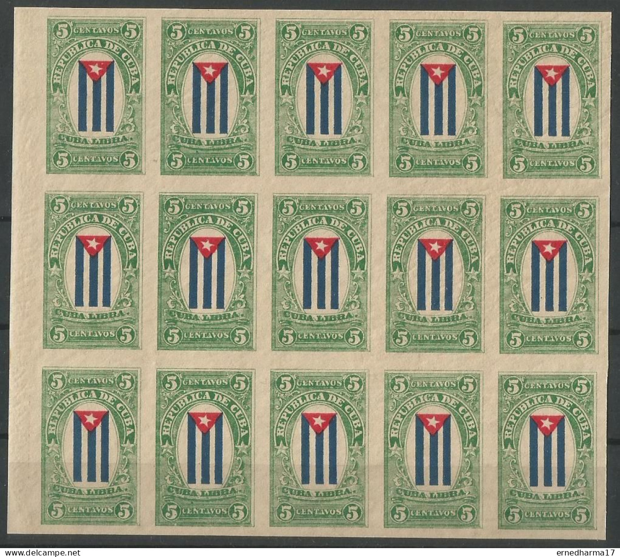 Cuba 1896. CUBA LIBRA. MNH BLOCK OF 15 IMPERFORATED STAMPS. CORREO MAMBÍ. REBEL STAMPS. ERROR. VERY SCARCE. - Imperforates, Proofs & Errors