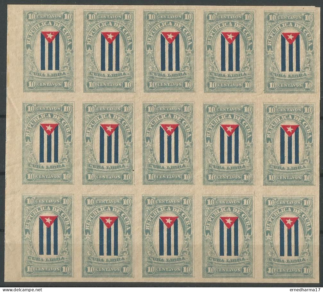 Cuba 1896. CUBA LIBRA. MNH BLOCK OF 15 IMPERFORATED STAMPS. CORREO MAMBÍ. REBEL STAMPS. ERROR. VERY SCARCE. - Imperforates, Proofs & Errors