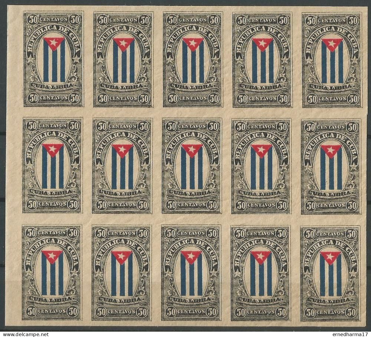 Cuba 1896. CUBA LIBRA. MNH BLOCK OF 15 IMPERFORATED STAMPS. CORREO MAMBÍ. REBEL STAMPS. ERROR. VERY SCARCE.