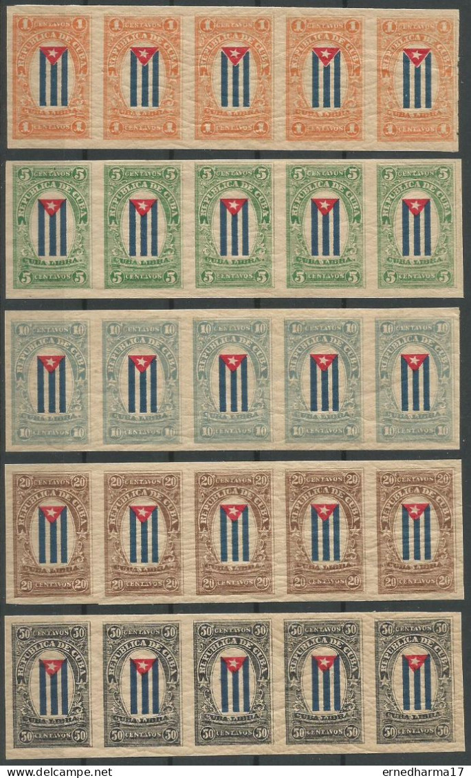 Cuba 1896. CUBA LIBRA. MNH HORIZONTAL STRIPS OF 5 IMPERFORATE STAMPS. CORREO MAMBÍ. REBEL STAMPS. ERROR. VERY SCARCE. - Sin Dentar, Pruebas De Impresión Y Variedades