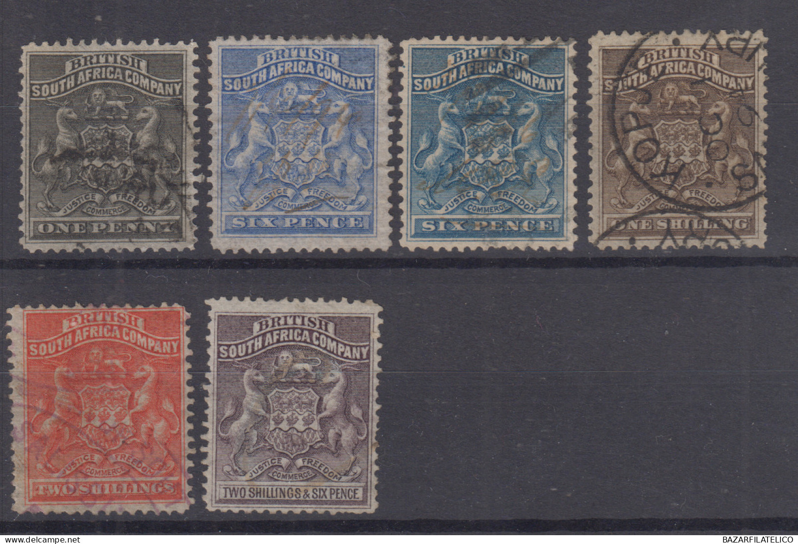 RHODESIA 1892-93 SERIE DI 6 VALORI USATI HIGH QUALITY  - Southern Rhodesia (...-1964)