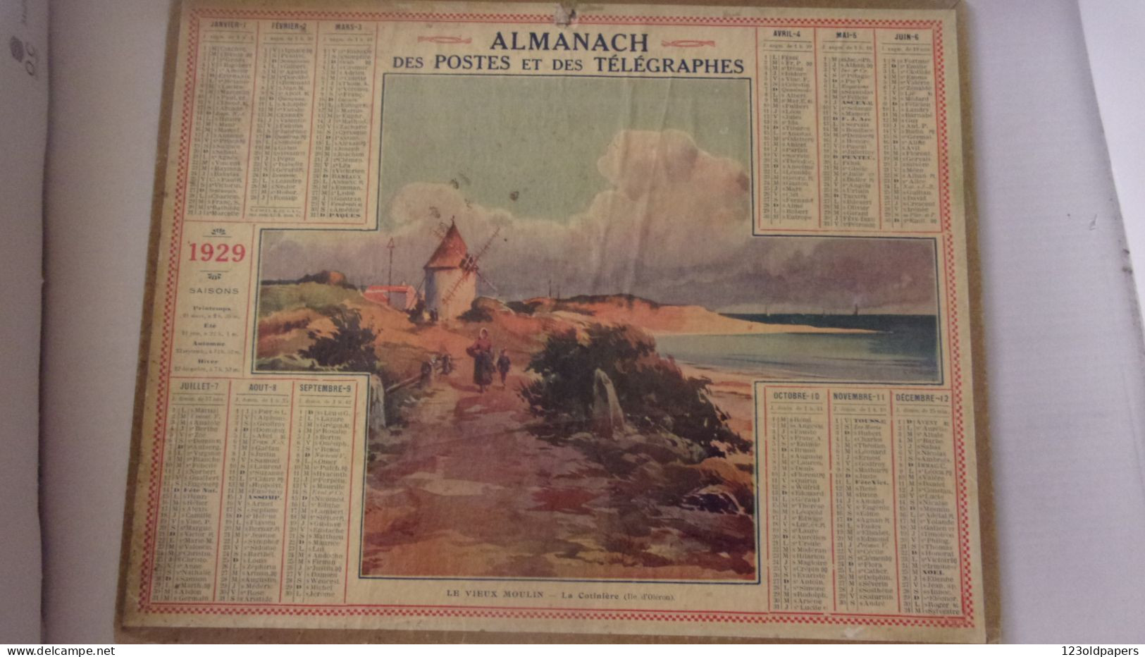 ️ ️ RARE CALENDRIER  ALMANACH POSTE 1929 LA COTINIERE ILE D OLERON  LE VIEUX MOULIN CHARENTE MARITIME - Grossformat : 1921-40