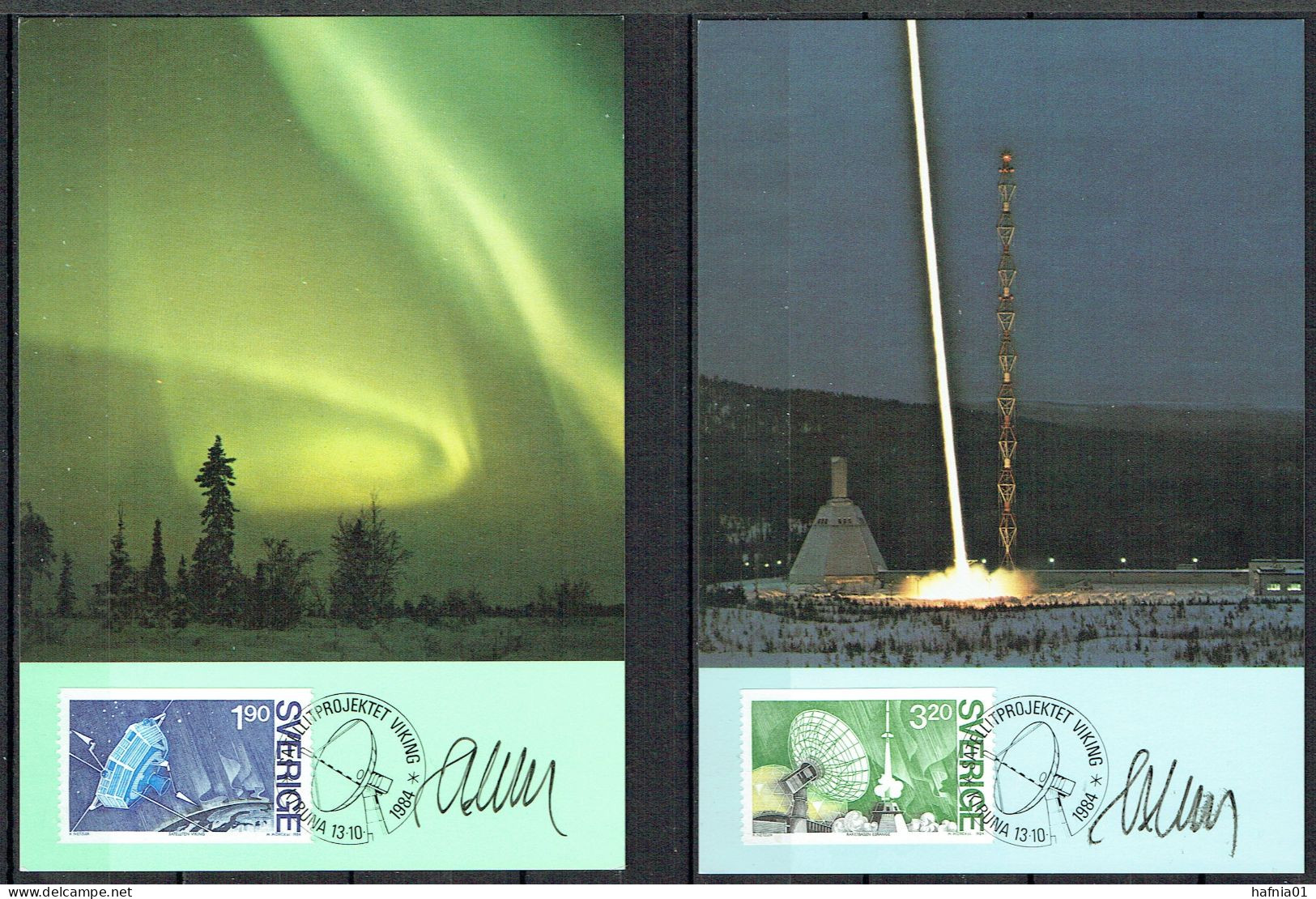 Martin Mörck. Sweden 1984. 1st Swedish Satelliteproject VIKING. Michel 1305 - 1306. Maxi Cards. Signed. - Maximum Cards & Covers