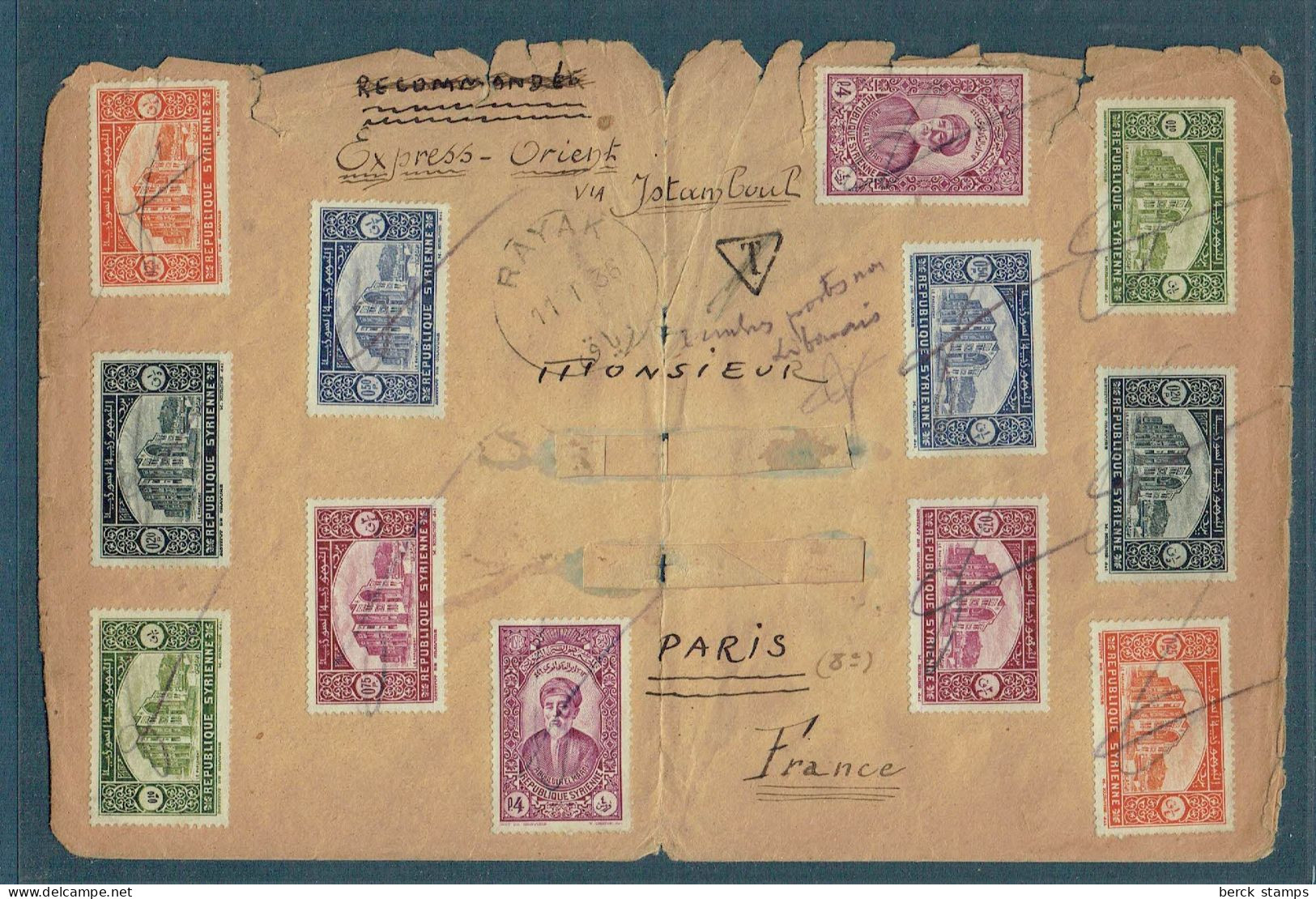 SYRIE - Courrier De RAYAK (Liban) Pour PARIS -11.1.36 Par L'Orient Express Via ISTANBUL. - Lettres & Documents