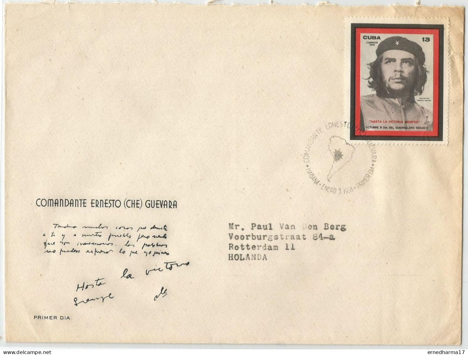 Cuba 1968. FDC Che Guevara With First Che Guevara Stamp. Circulated To Netherlands In 1967. SCARCE. - Usados