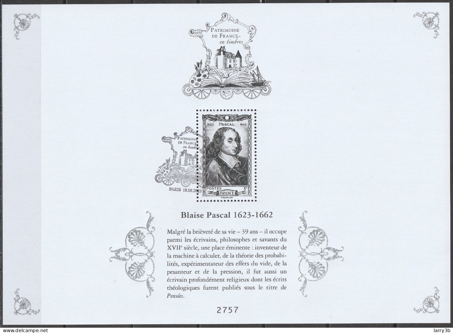 FRANCE - PATRIMOINE DE FRANCE 2023 - OBL 1er JOUR - DANS L'EMBALLAGE D'ORIGINE AVEC FEUILLET 5 € BLAISE PASCAL - Oblitérés