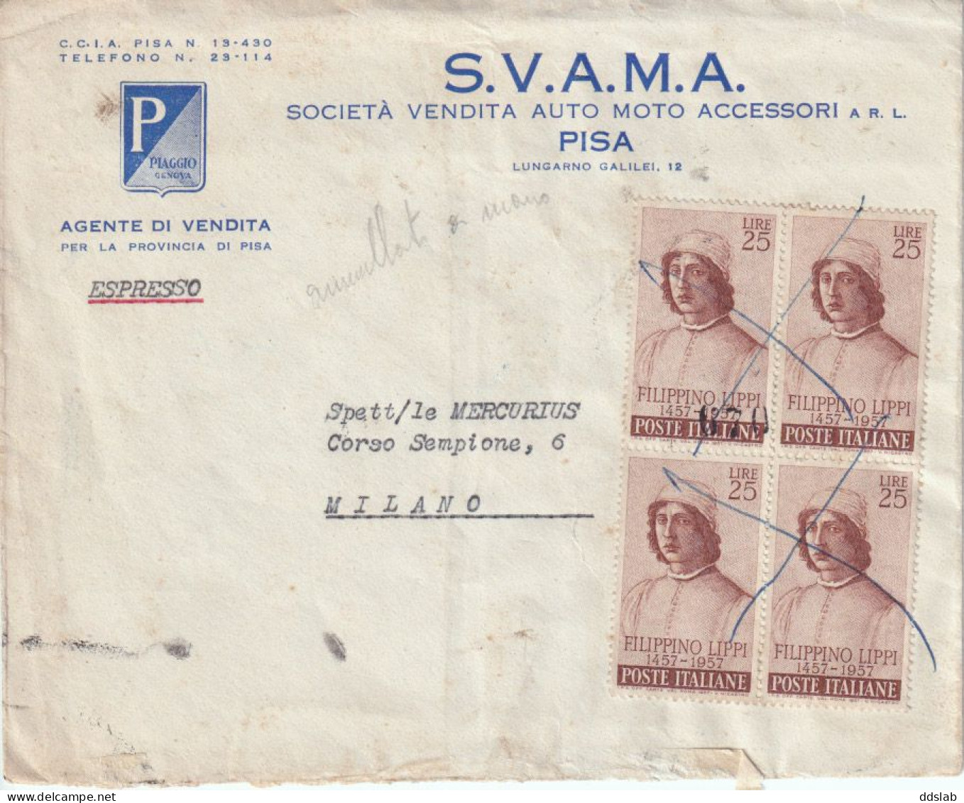 5/12/1957 - Espresso Da SVAMA Auto Moto E Accessori Pisa Per Milano - Affr. Quartina 25L Filippino Lippi ANNULLO A MANO - Express-post/pneumatisch