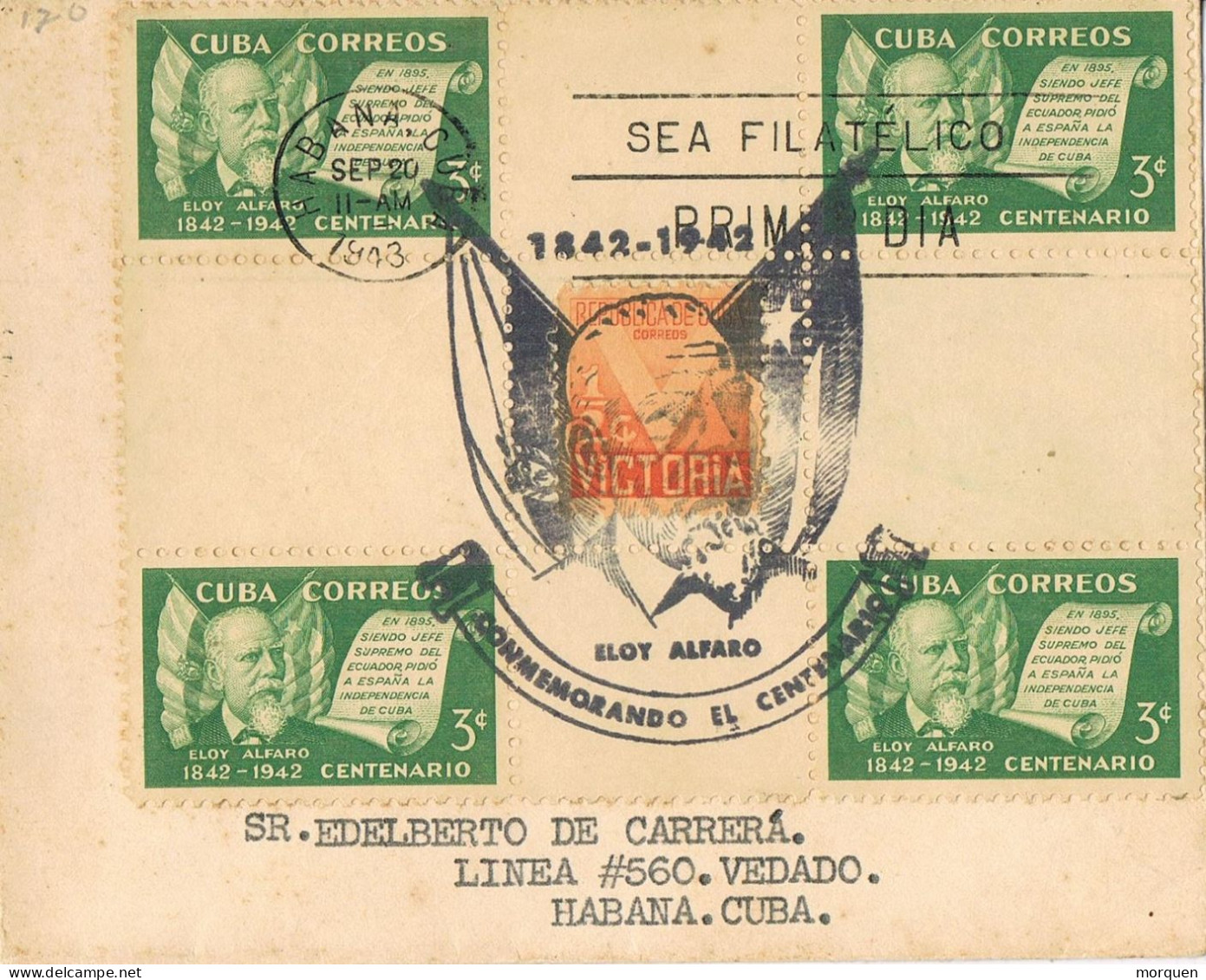 51840. Carta HABANA (Cuba) 1943. Censtro De Hoja, Centenario  ELOY ALFARO - Lettres & Documents
